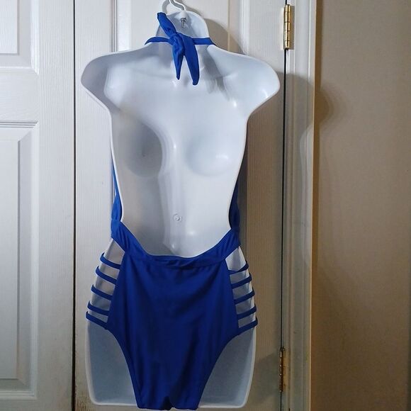 Aqua Eve Royal Blue Halter Plunge V neck side cut Bathing suit swim suit Sz M - Picture 5 of 7
